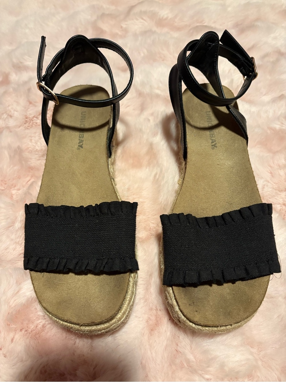 Union Bay Black Ruffle Espadrille Sandals - Ankle Strap